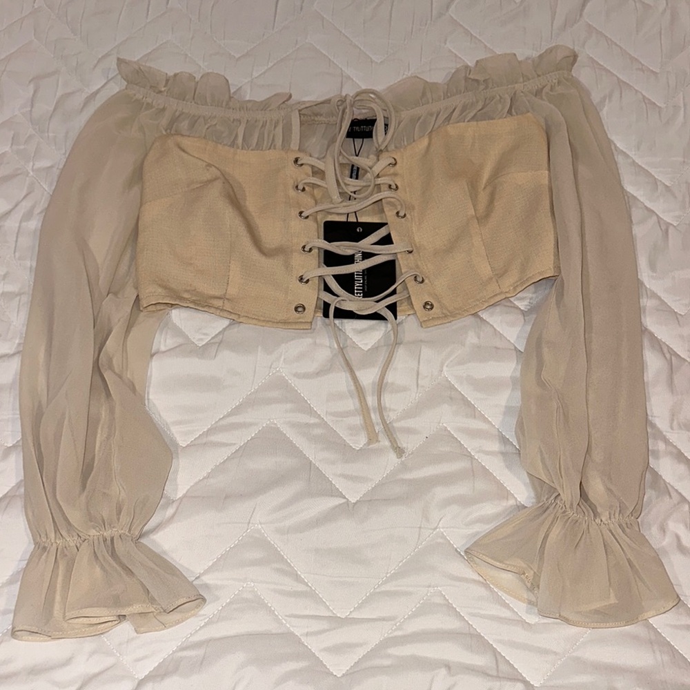 PrettyLittleThing Cream Off-Shoulder Crop Top